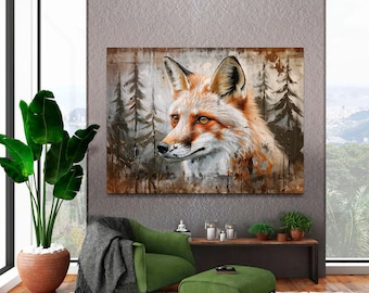 Vintage Fox Painting Canvas Print, Giclee Forest Animal Wall Art