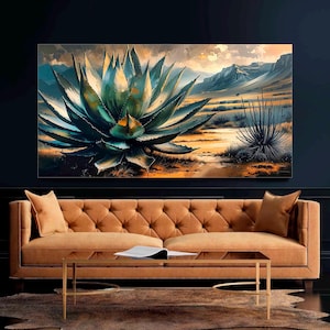 Southwestern Desert Canvas Wall Art, Cactus Sunset Mountain Scene Texture Painting for Living Room Decor, Saguaro Cacti Landscape Artwork