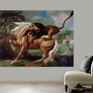 May include: A painting of a brown horse being attacked by a lion. The horse is rearing up on its hind legs, while the lion is biting its neck. The scene is set in a forest clearing, with trees and bushes in the background.