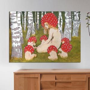 Madre hongo con sus hijos, Edward Okun, impresión artística vintage de hongos, arte mural de hongos, arte forestal antiguo, arte en lienzo listo para colgar