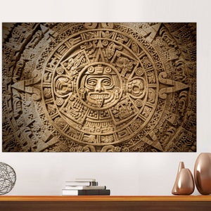 Mexican Artwork, Aztec Calendar, Mayan Canvas, Canvas Wall Art, Aztec Framed Canvas, Ancient Aztec Calendar Wall Canvas Art, READY TO HANG.