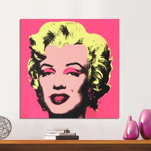 Impresión en lienzo de Marilyn Monroe Andy Warhol, lienzo con fondo rosa para sala de estar, arte pop moderno de Marilyn Monroe, arte decorativo de pared en lienzo.