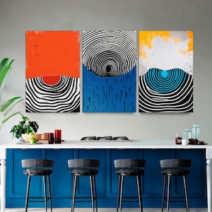 Mid Century Modern Canvas Wall Art Set of 3, Geometric Abstract Canvas, Boho Rainbow Line Decor in Blue, Orange & Yellow, Art Ready to Hang.