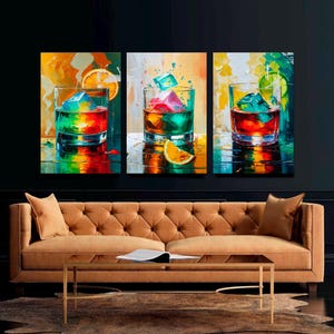 Whiskey Canvas Wall art Bourbon Glass Print Bar Wall Decor Alcohol Wall Art Whiskey Painting Kitchen Wall Decor 3- Set Canvas Ready to Hang.