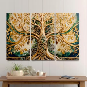Tree of Life Celtic Knot 3-Panel Canvas Split, Mystical Yggdrasil Wall Art, Gold & Green Spiritual Decor for Home and Meditation Space Art.