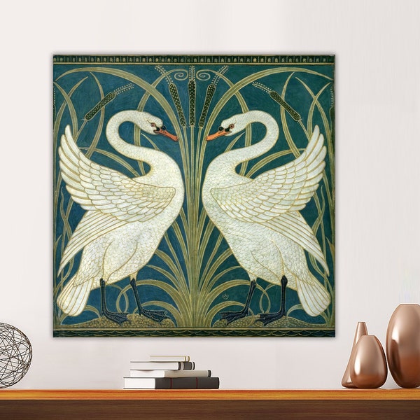 Art Nouveau Swans art print, Walter Crane design, Vintage bird wall art, Swan painting, Antique birds, Cattails Canvas Print Ready to Hang.