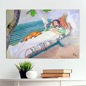 Fine Art Print by Carl Larsson of Woman Lying on a Bench, with Dog and Cat, Vintage Woman Art on Canvas, Swedish Woman, CANVAS READY To HANG