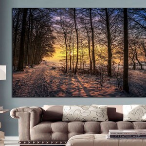 Preciosa puesta de sol con nieve de invierno, decoración de pared, impresión de arte de pared, impresión en lienzo de bosque, arte de pared de bosque, lienzo de invierno, impresión en lienzo de arte de pared, arte de pared.