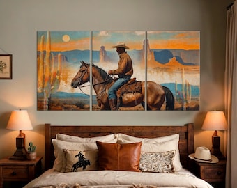 Cowboy Desert Landscape Canvas Print Set, Western Horseback Riding Wall Art (Ready to Hang)