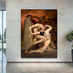 Dante and Virgil in Hell Art Print by William Bouguereau, Vintage Classic Print on Canvas, Ready to Hang Wall Art Decor, Old Master Painting