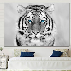 Black and White Tiger with Blue Eyes Wall Art, Beautiful Blue Eye Tiger Wall Art, Tiger Canvas Poster, Animal Art, Canvas Art Ready to Hang.