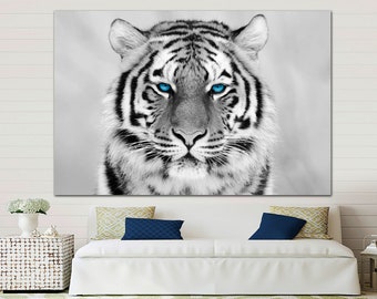 Blue Eyes Tiger, Black and White Animal Wall Art, Ready to Hang