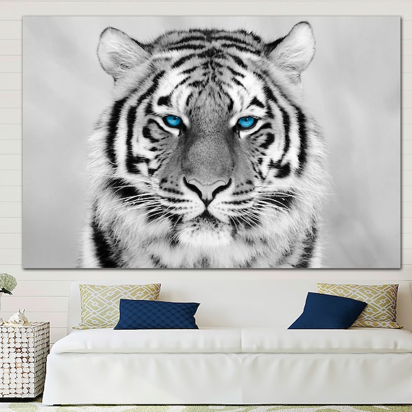 Black and White Tiger with blue eyes,  print wall art, print on canvas,  blue eyes tiger photo art, framed tiger art,Animal Canvas Wall Art.