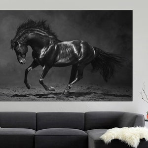 Black and White Canvas Print, Running Black Horse, Wall Decoration, Modern Art, Animal Horse Canvas Print, Home Decor, Black and White Horse