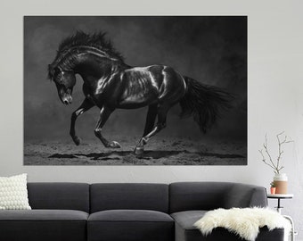 Running Black Horse Canvas Print, Modern Wall Art