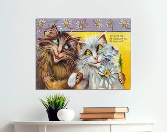 Louis Wain Cat Canvas Print, Daisy Flowers, Whimsical Kitten Art