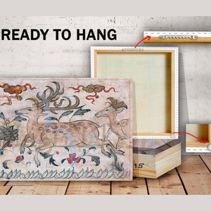 May include: A canvas print of a vintage illustration of two deer in a forest setting. The print is framed with a 1.5 inch wooden frame and is ready to hang.