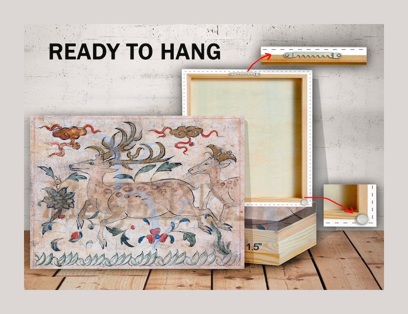 May include: A canvas print of a vintage illustration of two deer in a forest setting. The print is framed with a 1.5 inch wooden frame and is ready to hang.