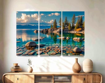Lake Tahoe Canvas Wall Art, Panoramic Landscape, 3-Panel Ready to Hang