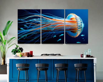 Jellyfish Canvas Wall Art, Set of 3, Coastal Ocean Decor