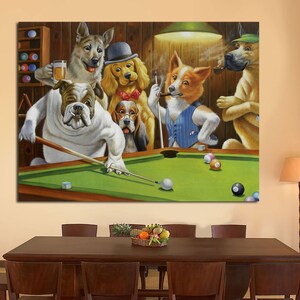 Dogs Playing Pool billiards Oil Painting Pictures Printed On Canvas,Home Decor Living Room Decor Room Decor,game room art Office  art Decor