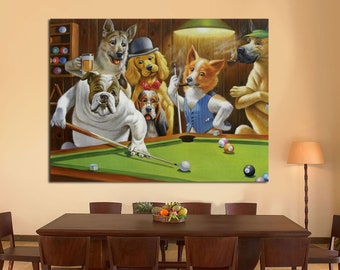 Dogs Playing Pool Canvas Print, Coolidge Giclée Art, Game Room Decor