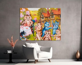 Louis Wain Cats Tea Party Canvas Print, Funny Cat Wall Art