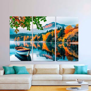 Lake Wall Art 3-Panel Canvas, Blue Mountain Tree Landscape Nature Print Framed Large Scenic Wall Decor for Living Room Bedroom Ready to Hang
