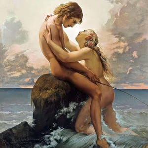 May include: A painting depicting a couple embracing on a rocky outcropping by the sea. The man is seated with his arm around the woman, who is standing with her arm around his neck. The couple is looking at each other with affection. The background is a cloudy sky and a vast expanse of water.