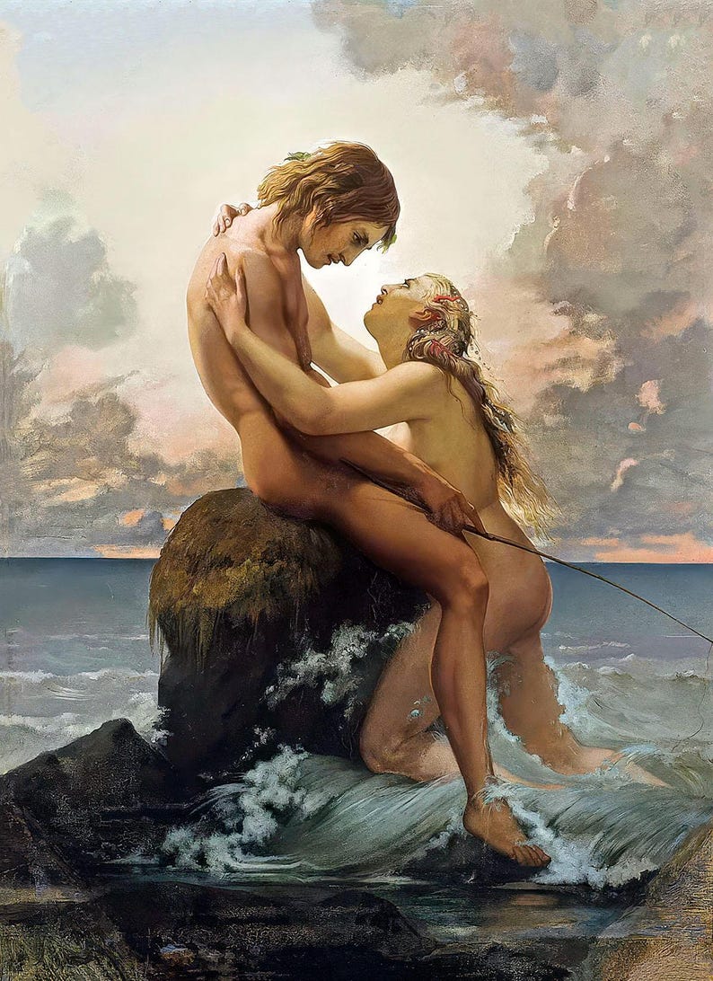 May include: A painting depicting a couple embracing on a rocky outcropping by the sea. The man is seated with his arm around the woman, who is standing with her arm around his neck. The couple is looking at each other with affection. The background is a cloudy sky and a vast expanse of water.