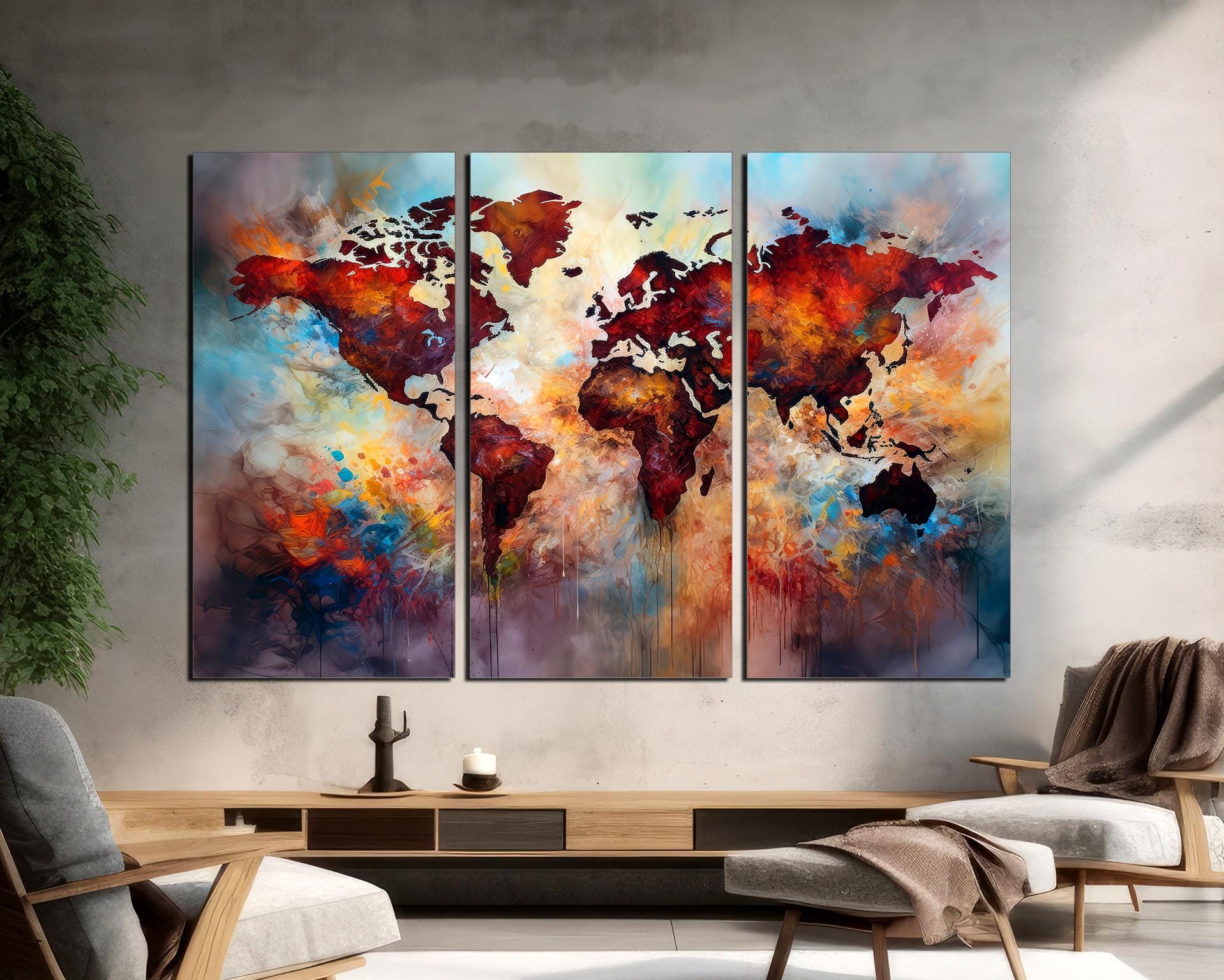 Watercolor World Map Canvas Print, 3-panel Abstract Wall Art - Etsy