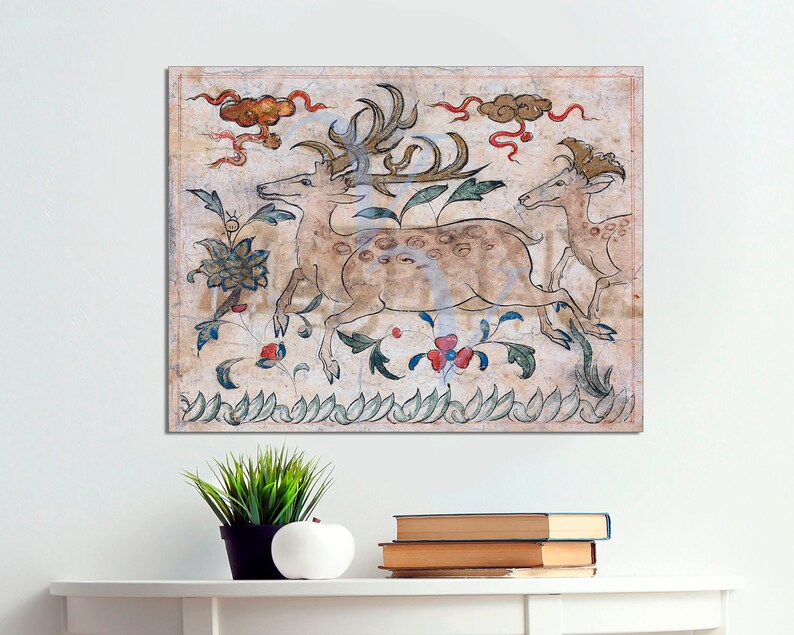 May include: A vintage illustration of three deer with spotted fur, surrounded by stylized flowers and leaves. The deer are depicted in a running pose, with their antlers raised. The background is a light beige with hints of red and blue.
