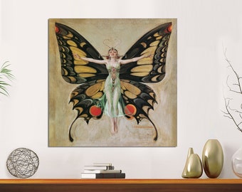 May include: A vintage illustration of a woman with wings, resembling a butterfly, with a yellow, black, and red color scheme. The woman is wearing a green dress and has a crown of flowers on her head.