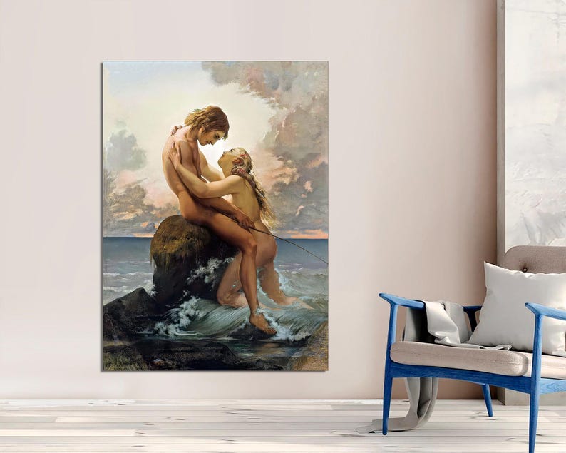 Classic Art Print Canvas - The Nymph and the Fisherman by Said Henri Lehmann, Karl-Henri-Rodolphe-Heinrich Salem Wall Decor Ready to Hang. image 8