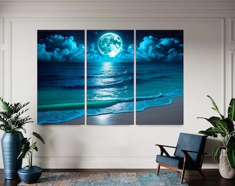 Moonlit Sea Canvas Print, 3-Panel Coastal Wall Art