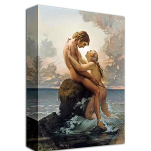May include: A painting of a couple embracing on a rocky outcropping by the sea. The man is holding the woman, who is sitting on the rock. The sky is a soft blue with clouds, and the water is a deep blue.