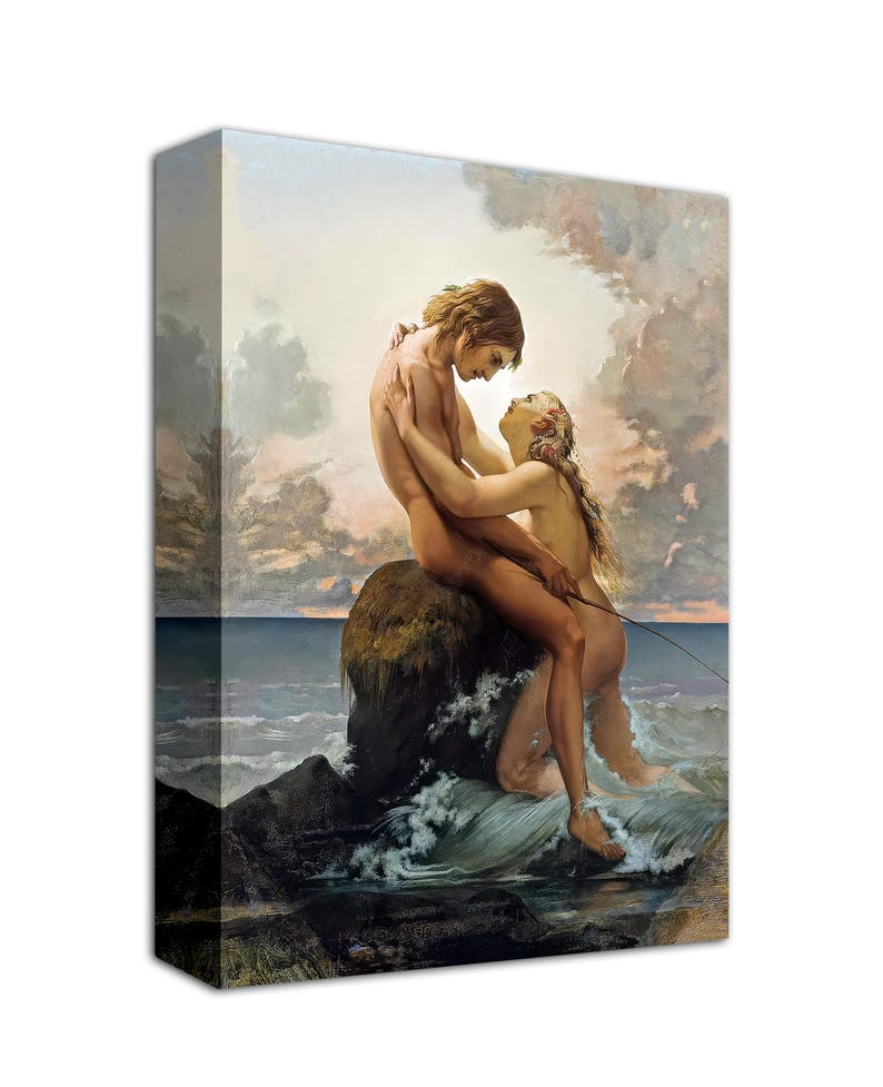 May include: A painting of a couple embracing on a rocky outcropping by the sea. The man is holding the woman, who is sitting on the rock. The sky is a soft blue with clouds, and the water is a deep blue.