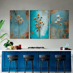 Floral Canvas Print Wall Art 3-Set Rustic Blue Turquoise Wildflower Botanical Illustrations Minimalist Art Set Modern Farmhouse Wall Decor.