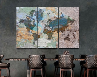 Abstract World Map Canvas Print, 3 Panel Wall Art - Etsy