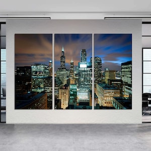 3-Panel Canvas, Chicago Skyline Large Wall Art, Chicago at Night Canvas, Downtown Chicago Print, Modern Chicago Art on CANVAS Ready to Hang.