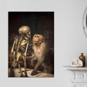 May include: A skeletal figure and a monkey sit side-by-side at a table. The skeleton is made of bone and is wearing a white shirt. The monkey is brown and has a white face. The monkey is looking at the skeleton. The background is dark and blurry.