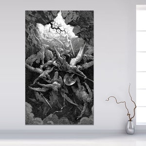 May include: A black and white illustration of a dramatic scene with angels fighting in the sky. The angels are depicted with wings and swords, and the scene is filled with action and movement.