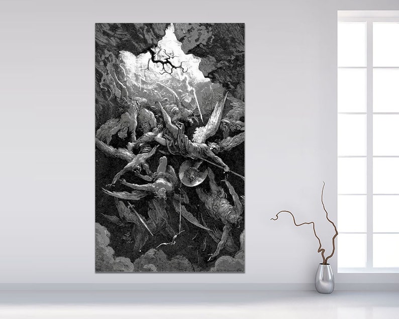 May include: A black and white illustration of a dramatic scene with angels fighting in the sky. The angels are depicted with wings and swords, and the scene is filled with action and movement.