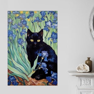 May include: A black cat sits in a field of blue irises. The cat has yellow eyes and is looking directly at the viewer. The irises are in full bloom and are surrounded by green leaves.