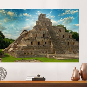 Mayan Pyramid Wall Art, Yucatan Mexico Wall Decor, Ancient Mexican Architecture Art Print Living Room Art Canvas, Mexican Gift Ready to Hang