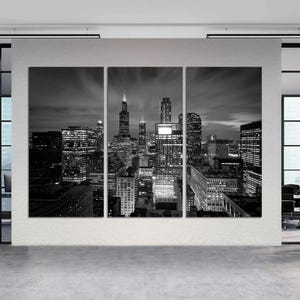 3-Panel Canvas, Chicago Skyline Large Wall Art, Chicago at Night Canvas, Downtown Chicago Print, Modern Chicago Art on CANVAS Ready to Hang.