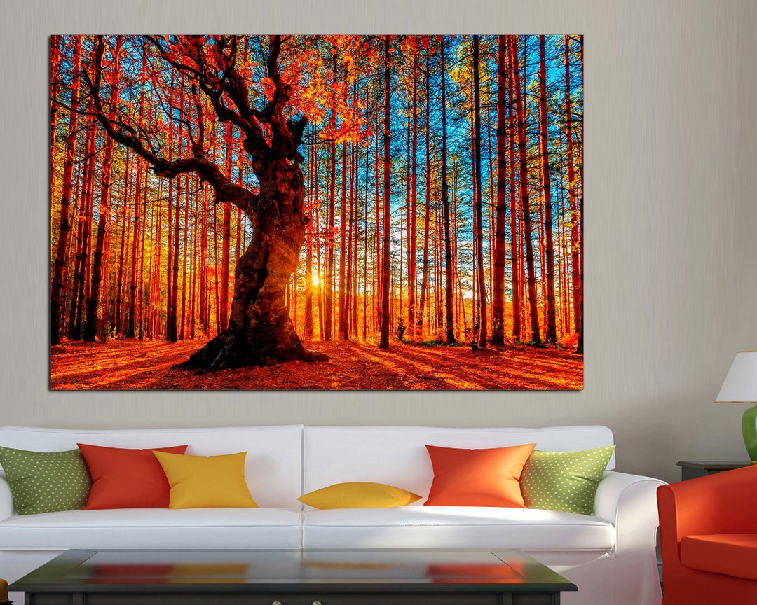 Autumn Forest, Trees Sunset, Fall Yellow and Red Leaves Canvas Print ...