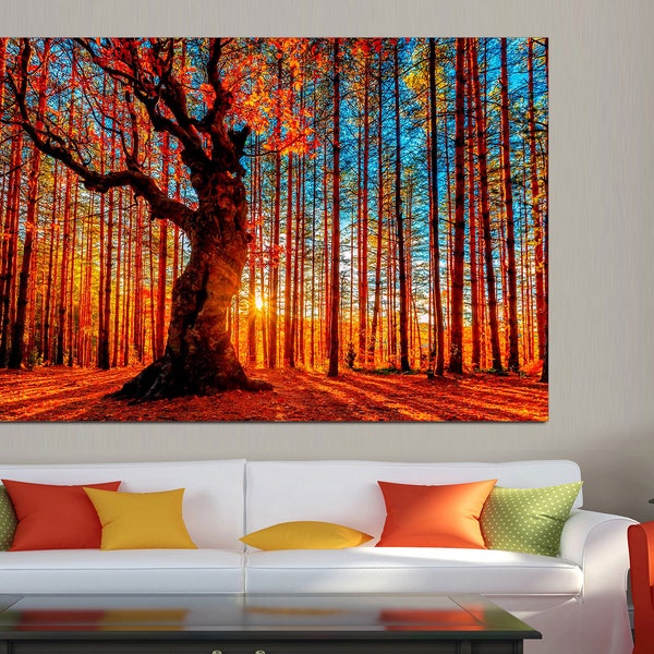 Autumn Forest, Trees Sunset, Fall Yellow And Red Leaves canvas Print, Forest Canvas Print, Forest wall art,Canvas, Art Canvas Print,Wall art