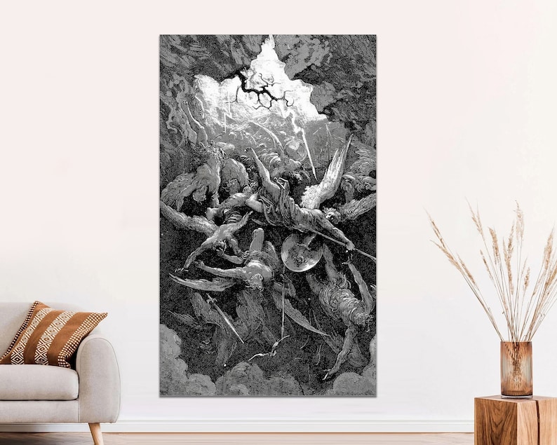 May include: A black and white illustration of a scene from the biblical story of the fall of Lucifer. Angels with wings are depicted fighting with swords and shields in a chaotic scene.