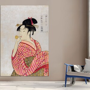 Utamaro Kitagawa, Traditional young Japanese woman blowing a glass, Japanese Art Canvas Print, Japanese Art, Japanese Wall Art,Ready to Hang